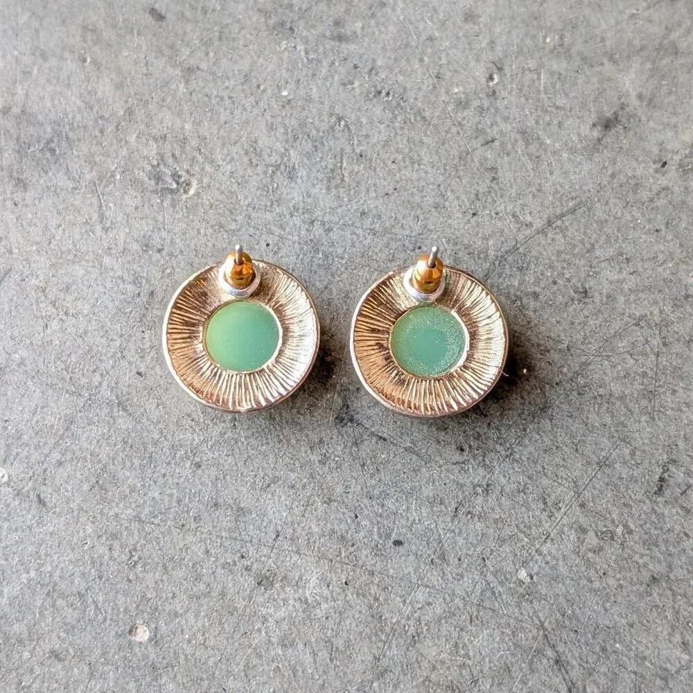 Set of Three Coral, Teal, Leaf Gold Post Earrings